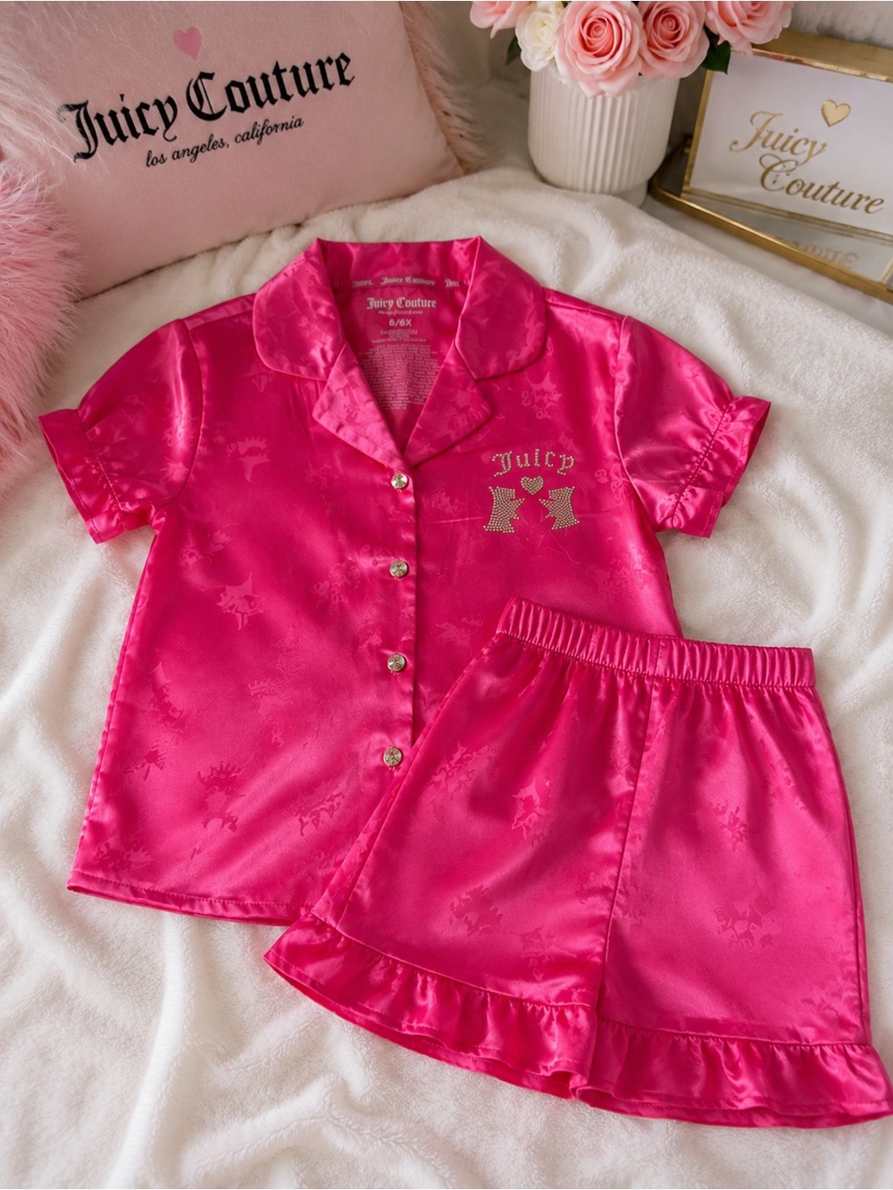 Juicy Couture Bright Hot Pink Satin Short Pajama Set